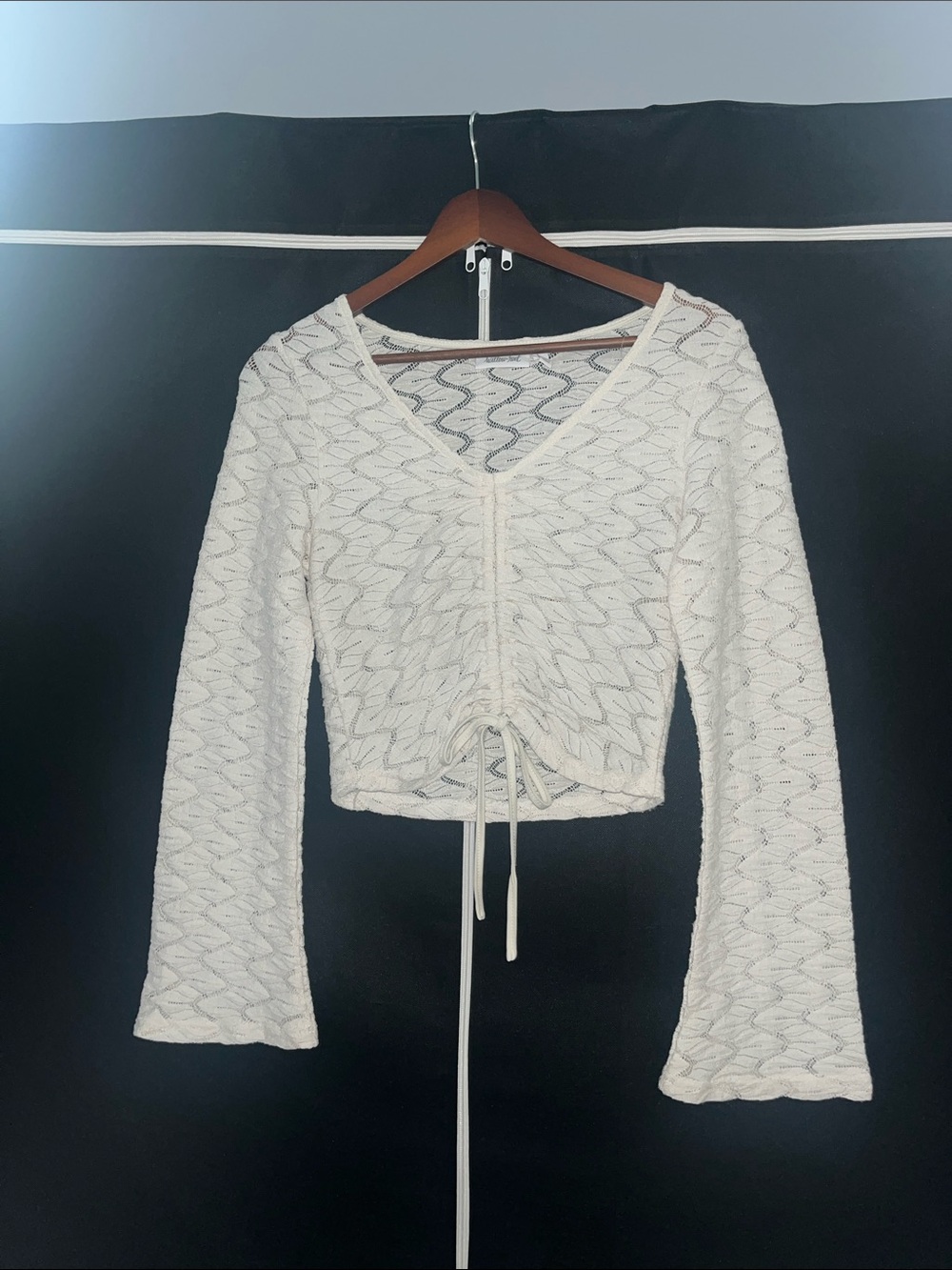 Cream Lace-Up V-Neck Cropped Knit Top